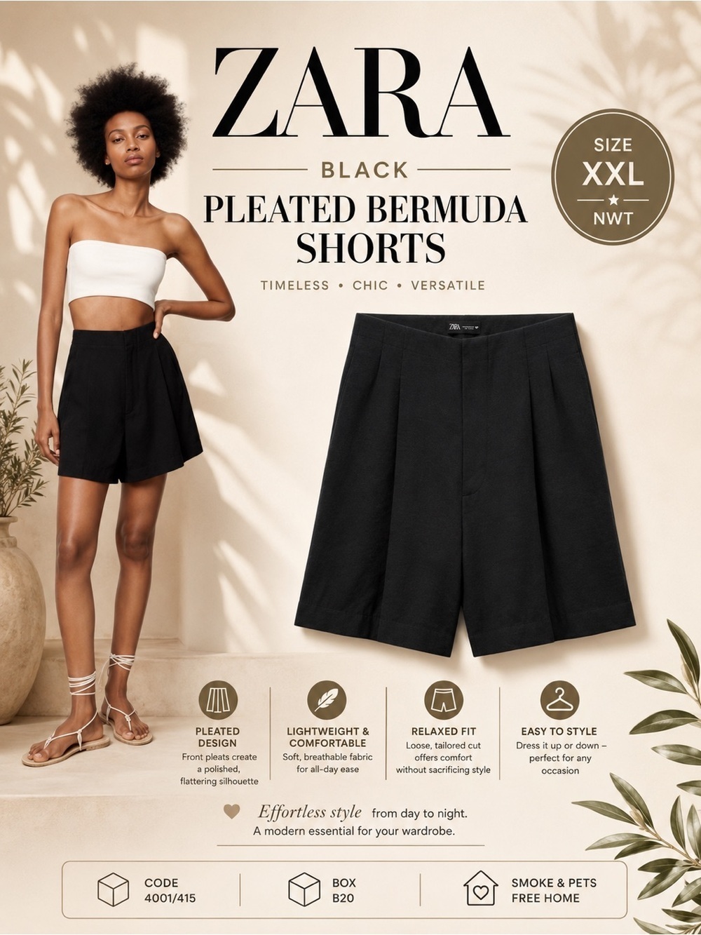 ZARA Black Pleated Bermuda Shorts NWT Size XXL